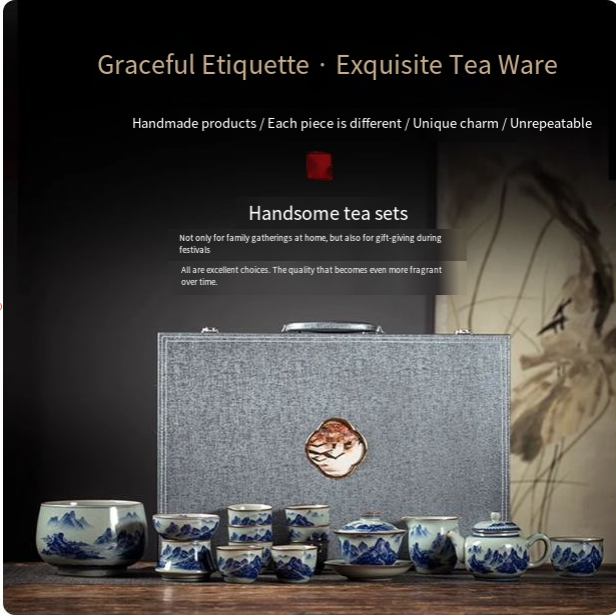 Ceramic Kung Fu tea set, complete set of household blue and white porcelain set, office gift brewing teapot, teacup gift box