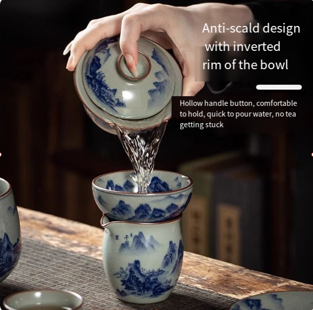 Ceramic Kung Fu tea set, complete set of household blue and white porcelain set, office gift brewing teapot, teacup gift box