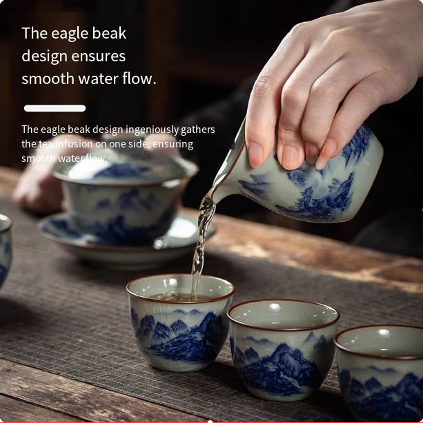 Ceramic Kung Fu tea set, complete set of household blue and white porcelain set, office gift brewing teapot, teacup gift box