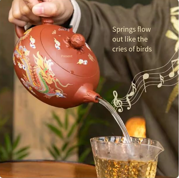 Original mineral vermilion mud Xi Shi purple clay pot famous handmade clay painting dragon and phoenix color-changing kung fu tea set