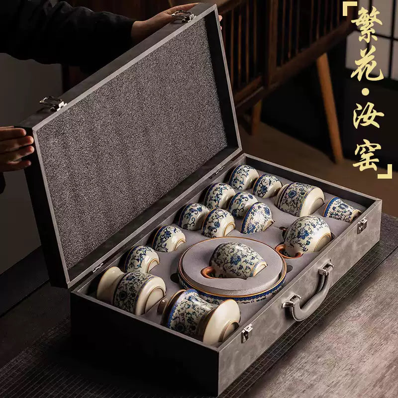 Blue and white Ru kiln kung fu tea set home light luxury high-end ceramic teapot drinking teacup complete set