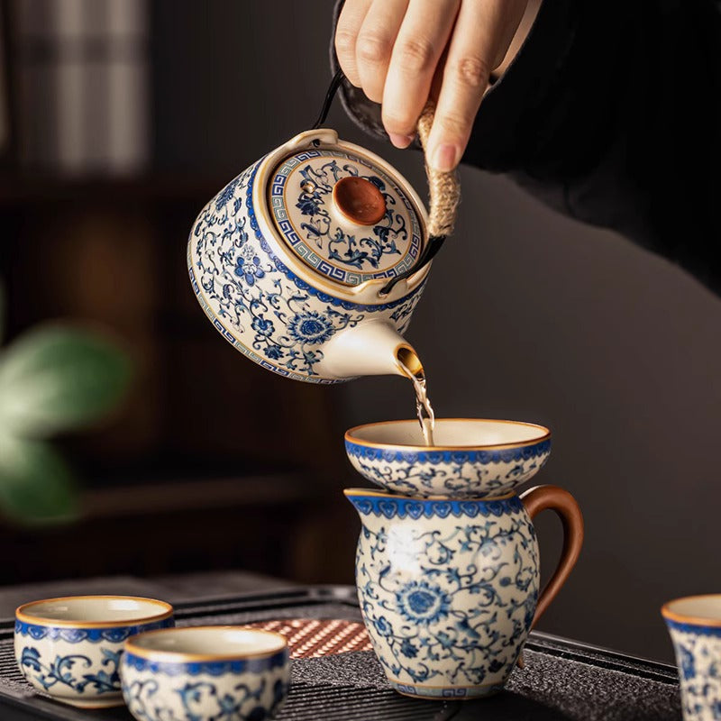 Blue and white Ru kiln kung fu tea set home light luxury high-end ceramic teapot drinking teacup complete set