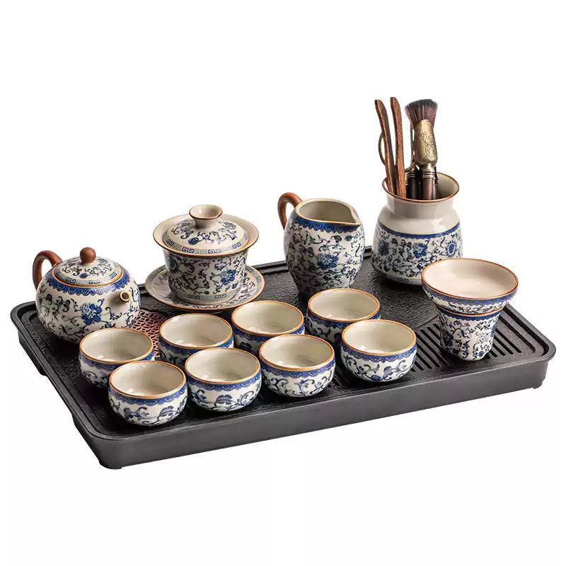 Blue and white Ru kiln kung fu tea set home light luxury high-end ceramic teapot drinking teacup complete set