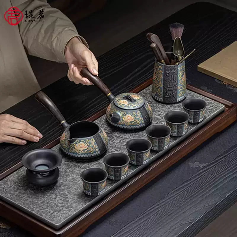 The royal purple sand tea set is a light luxury high-end side handle teapot drinking teacup complete set of gift box