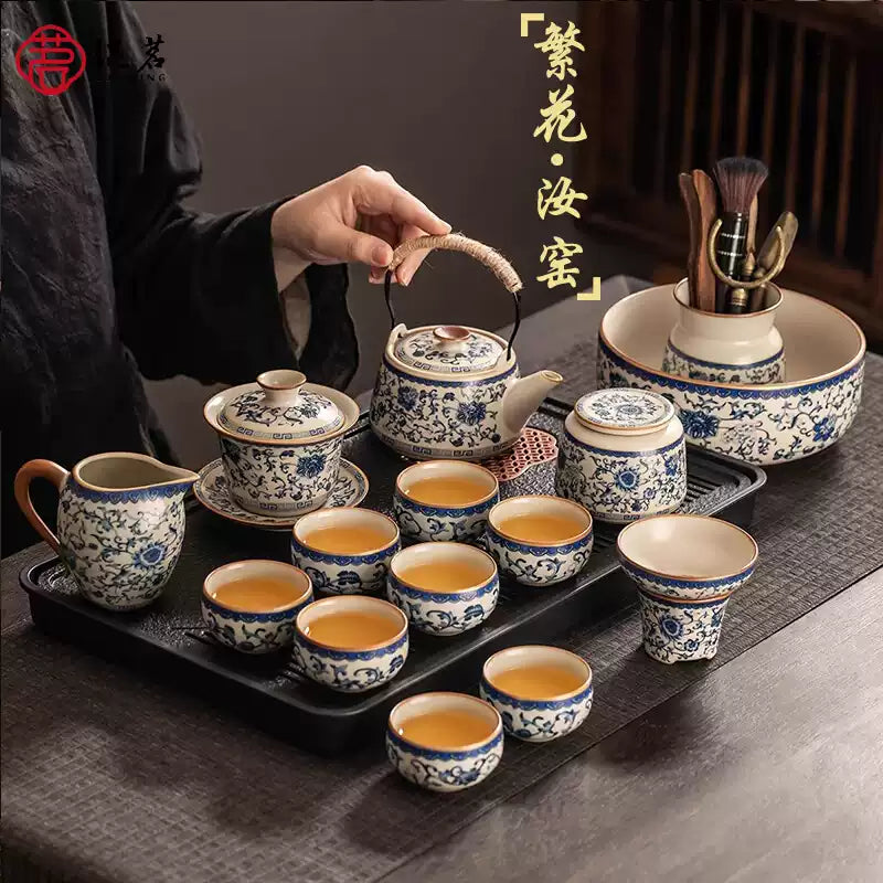 Blue and white Ru kiln kung fu tea set home light luxury high-end ceramic teapot drinking teacup complete set
